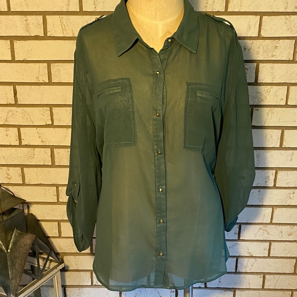 Metaphor Sheer Button Down Shirt in Forest Green